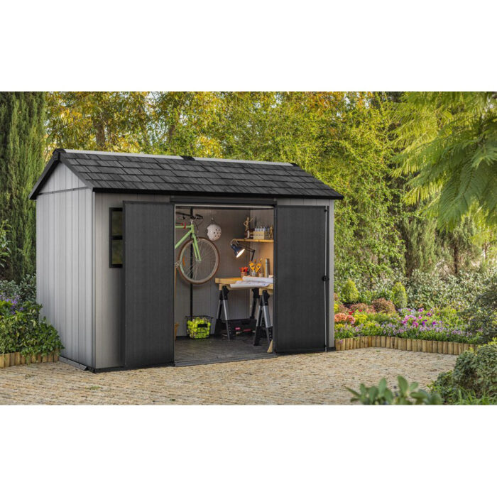 Keter 11’x 7.5′ Oakland Heavy Duty Plastic Shed – Grey Single Entrance-oakleysgardenmachine- Free shipping